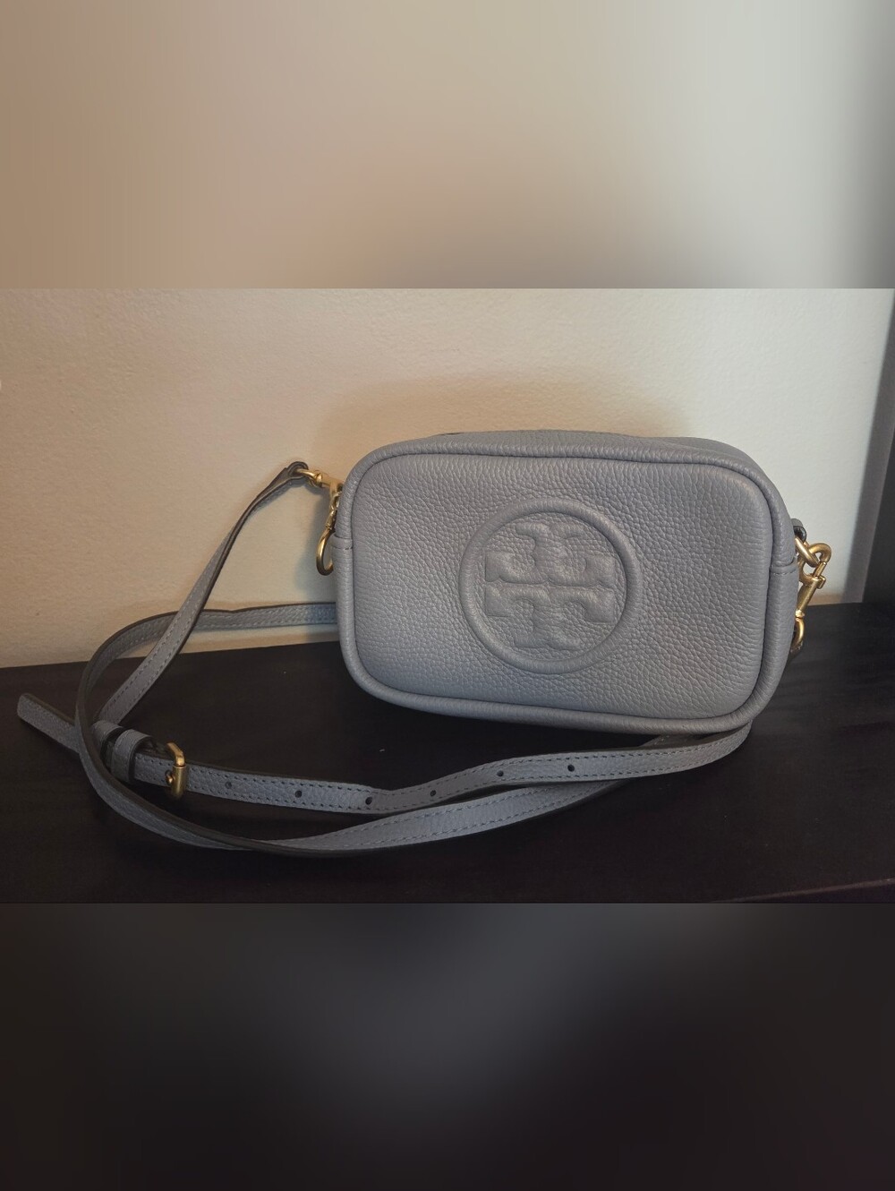 Tory Burch Pebbled Leather Crossbody in Slate Blue with Gold Hardware